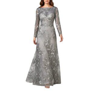 Mac Duggal Floral Embroidered Illusion Gown Women Sz 8 Silver Gray Maxi Dress